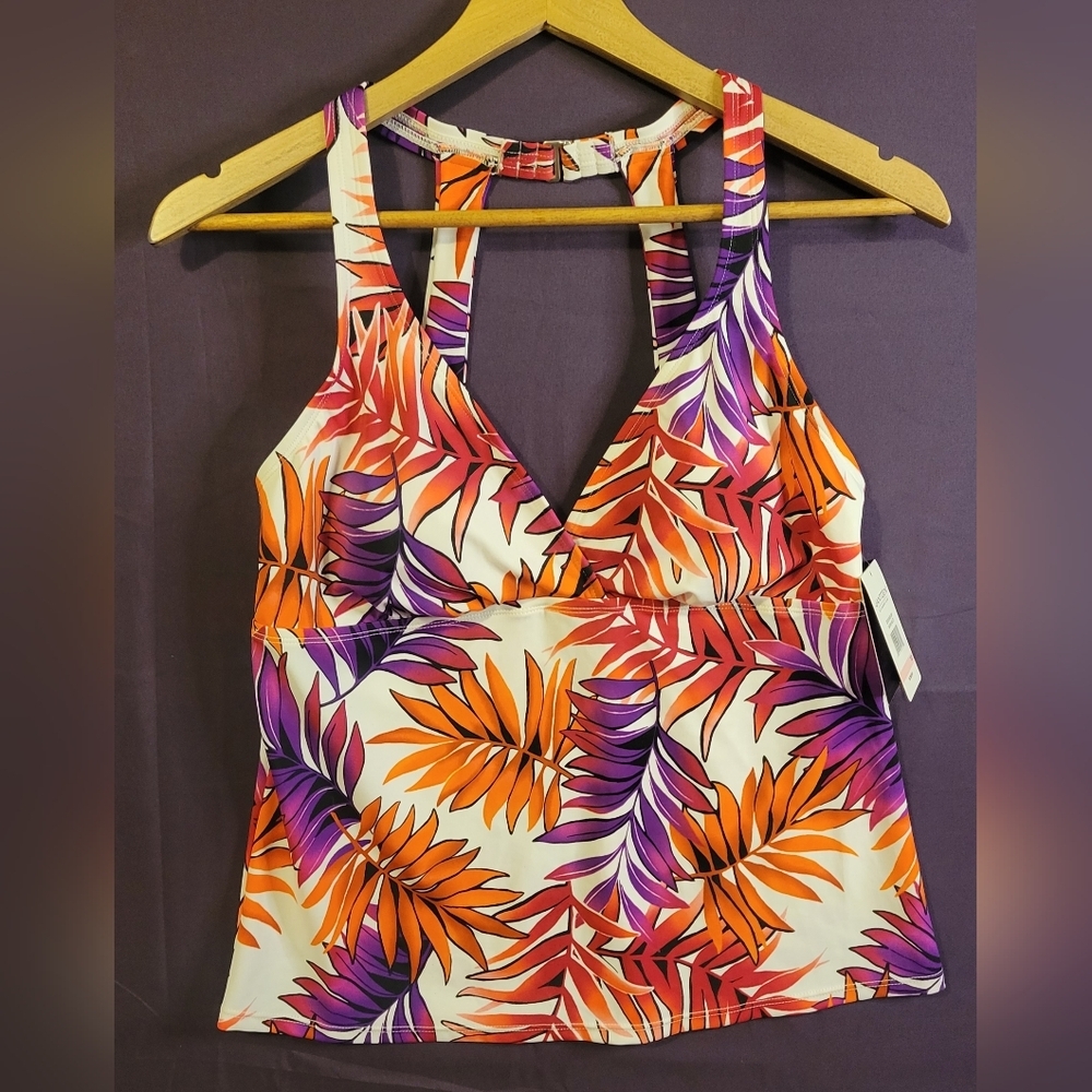 Jantzen Tropical Leaf Tankini Top- Orange and Purple. Size 10